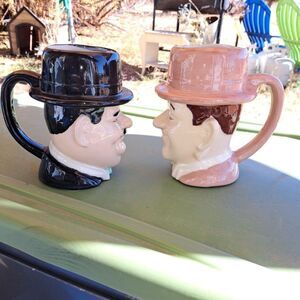 Fun Vintage Extra Large Laurel & Hardy Figurine Mugs Created in 1980
